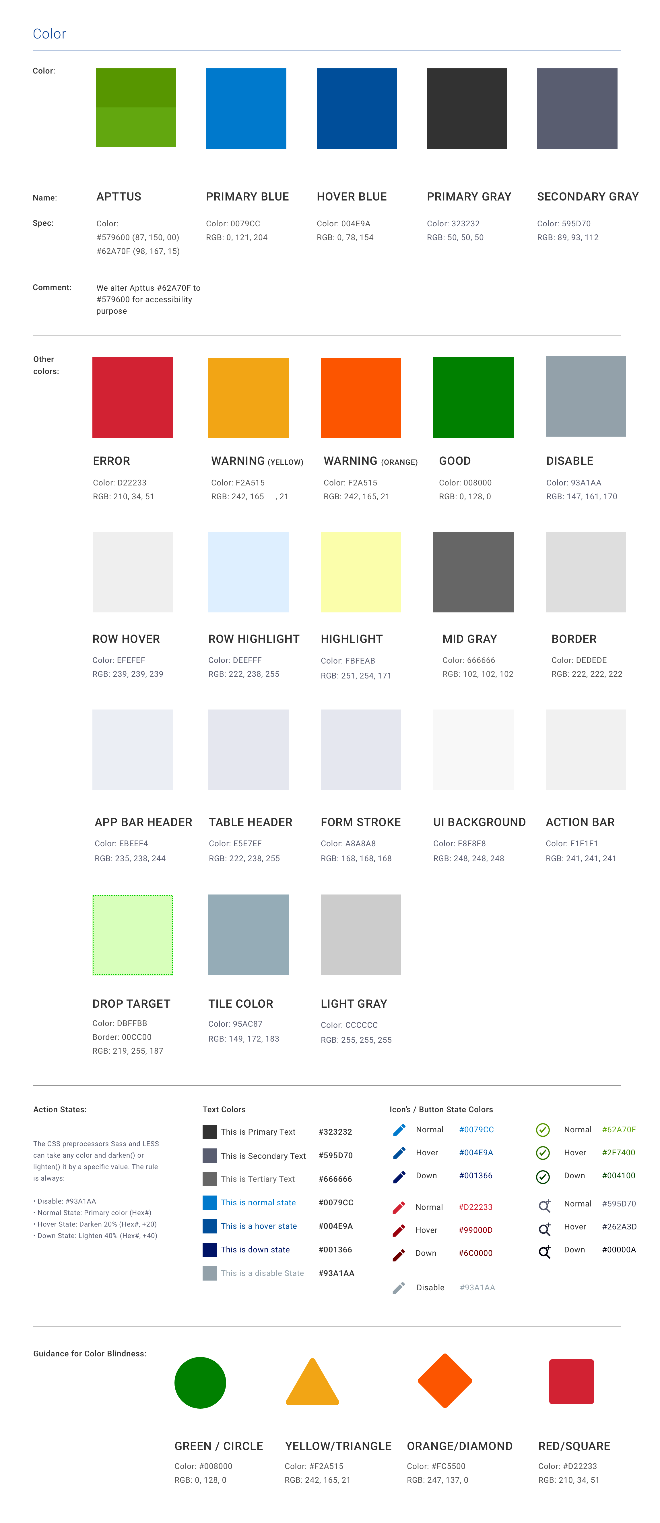 Color specification screen from the Apttus NOVA Design System.