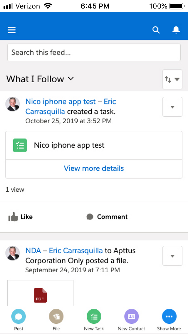 Mobile screen showing Salesforce news feed with Apttus tasks.