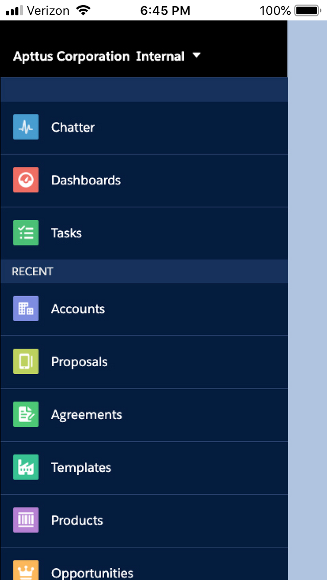 Mobile screen showing Salesforce app main menu with Apttus applications integrated.