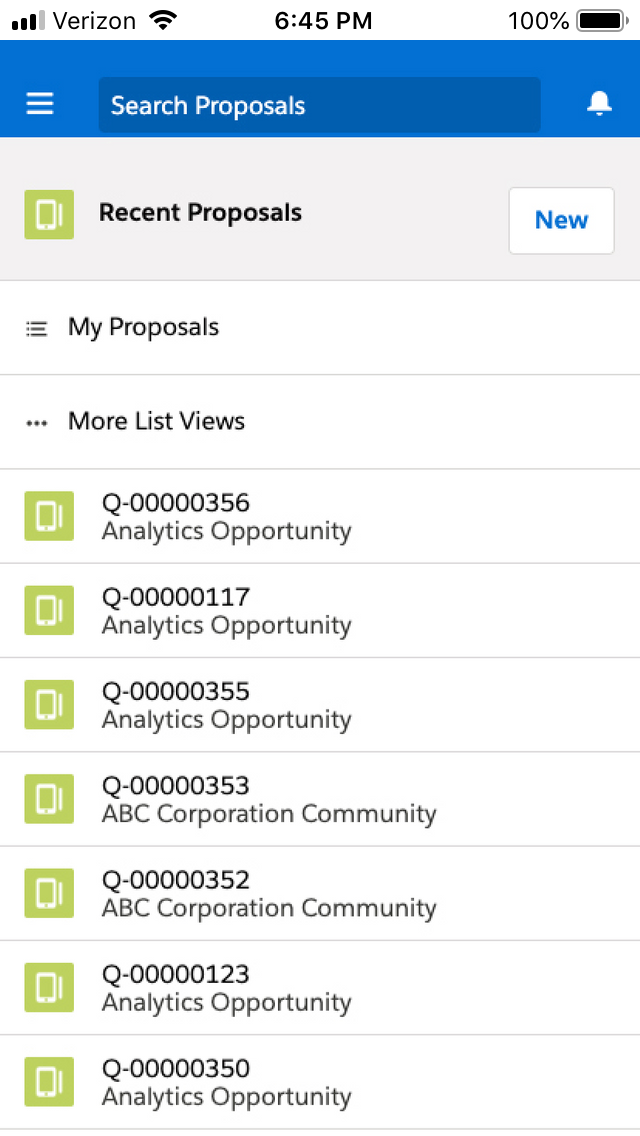 Mobile screen showing Apttus proposal list page inside Salesforce app.