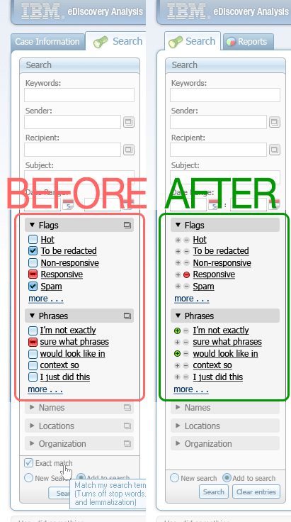 Close-up comparison view of the facet panel showing before using multi-state checkboxes, and after using plus and minus symbols.