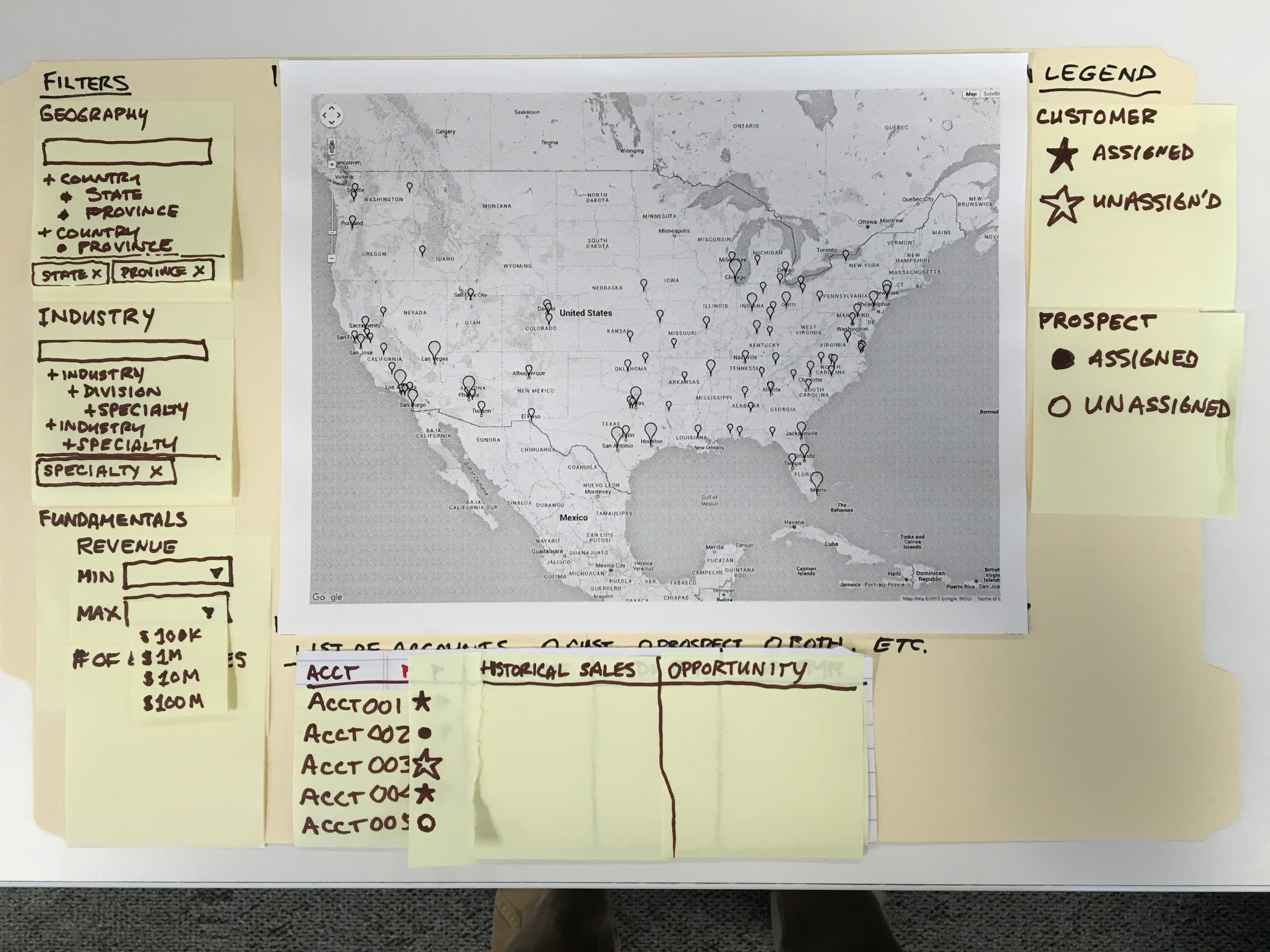 Photo of more mature paper prototype of territory mapping design that was used for initial user testing.