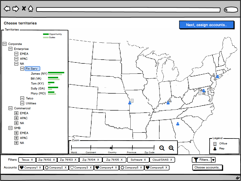 One screen out of a series of wireframe screens used in an interactive clickthrough prototype for user testing of a territory management design.