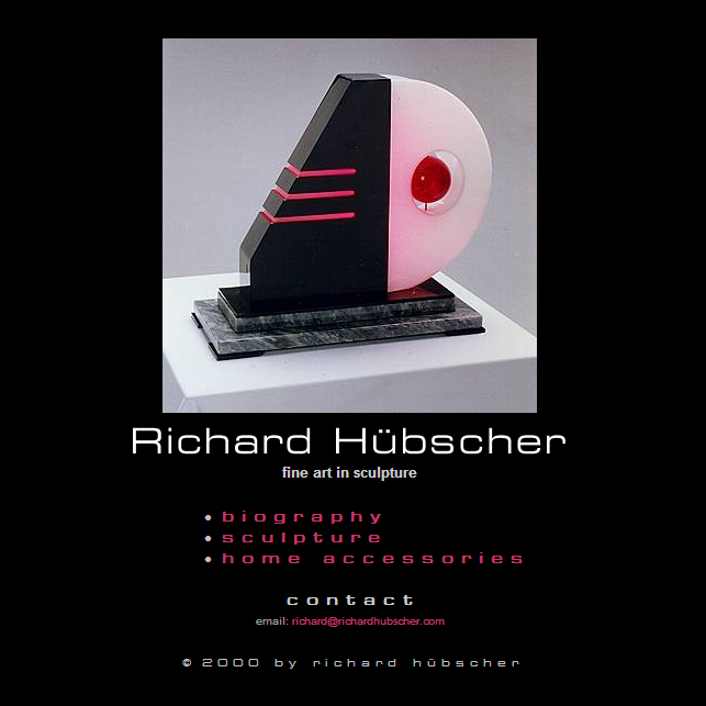 Screen capture of home page for the web site of sculptor, Richard Hubscher.