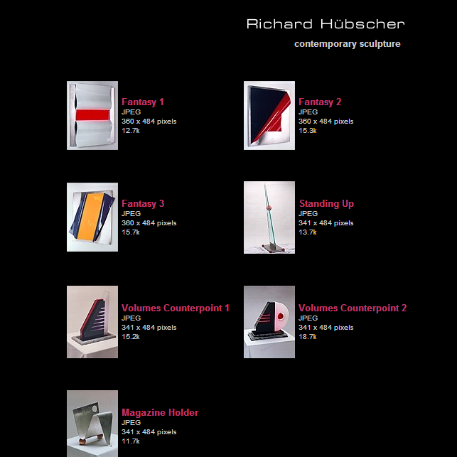 Screen capture of catalog listing page for the web site of sculptor, Richard Hubscher.