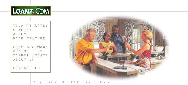 Alternate presentation mockup for Loanz.com web site.  This one shows the same neighbors inside a home, toasting with a juice drink.